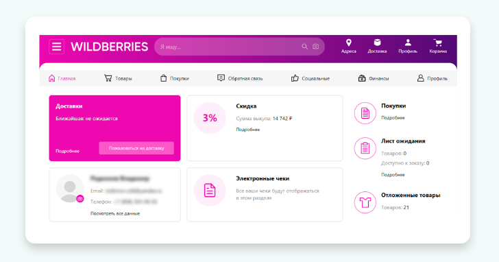 Пример личного кабинета пользователя (покупателя) онлайн-магазина Wildberries.